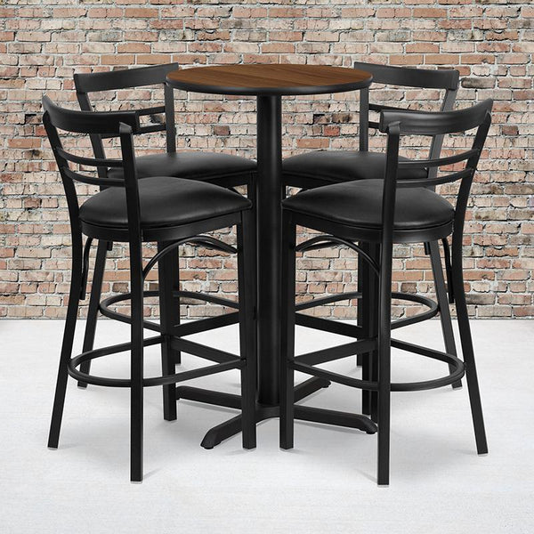 Flash Furniture 24'' Round Walnut Laminate Table Set with X-Base and 4 Two-Slat Ladder Back Metal Barstools - Black Vinyl Seat - HDBF1036-GG