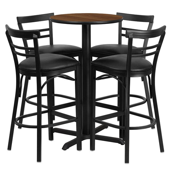 Flash Furniture 24'' Round Walnut Laminate Table Set with X-Base and 4 Two-Slat Ladder Back Metal Barstools - Black Vinyl Seat - HDBF1036-GG