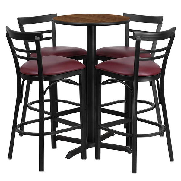 Flash Furniture 24'' Round Walnut Laminate Table Set with X-Base and 4 Two-Slat Ladder Back Metal Barstools - Burgundy Vinyl Seat - HDBF1040-GG