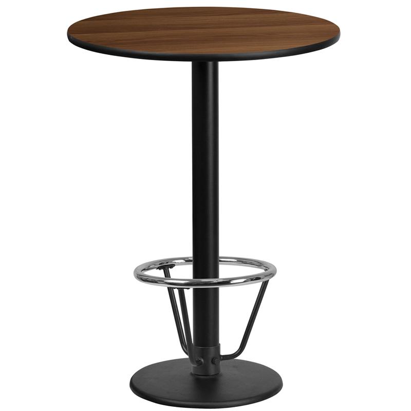 Flash Furniture 24'' Round Walnut Laminate Table Top with 18'' Round Bar Height Table Base and Foot Ring - XU-RD-24-WALTB-TR18B-3CFR-GG