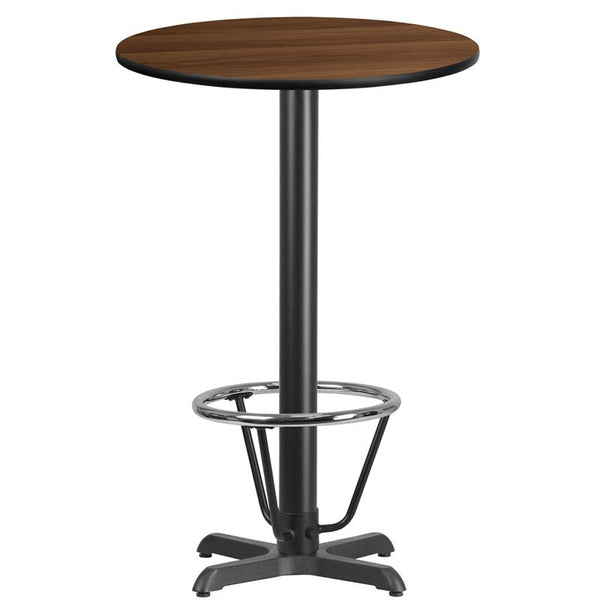 Flash Furniture 24'' Round Walnut Laminate Table Top with 22'' x 22'' Bar Height Table Base and Foot Ring - XU-RD-24-WALTB-T2222B-3CFR-GG