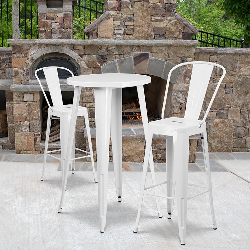 Flash Furniture 24'' Round White Metal Indoor-Outdoor Bar Table Set with 2 Cafe Stools - CH-51080BH-2-30CAFE-WH-GG