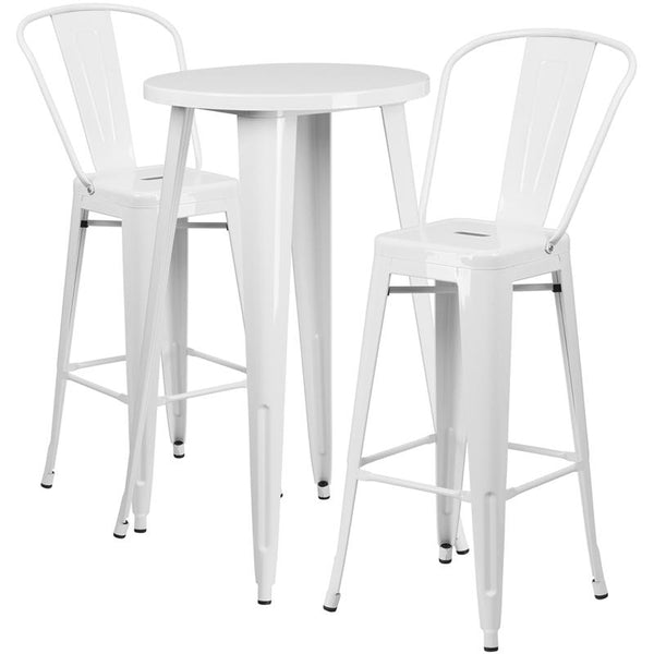 Flash Furniture 24'' Round White Metal Indoor-Outdoor Bar Table Set with 2 Cafe Stools - CH-51080BH-2-30CAFE-WH-GG