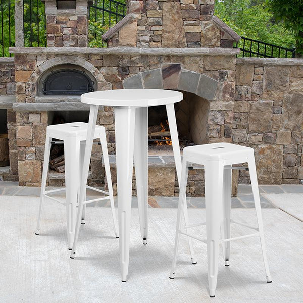 Flash Furniture 24'' Round White Metal Indoor-Outdoor Bar Table Set with 2 Square Seat Backless Stools - CH-51080BH-2-30SQST-WH-GG