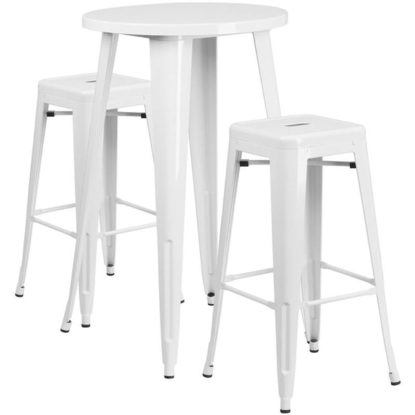 Flash Furniture 24'' Round White Metal Indoor-Outdoor Bar Table Set with 2 Square Seat Backless Stools - CH-51080BH-2-30SQST-WH-GG