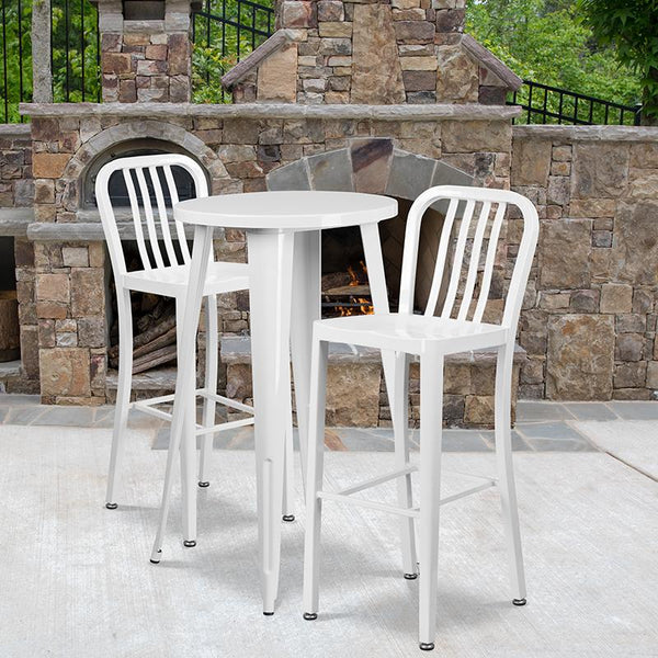 Flash Furniture 24'' Round White Metal Indoor-Outdoor Bar Table Set with 2 Vertical Slat Back Stools - CH-51080BH-2-30VRT-WH-GG