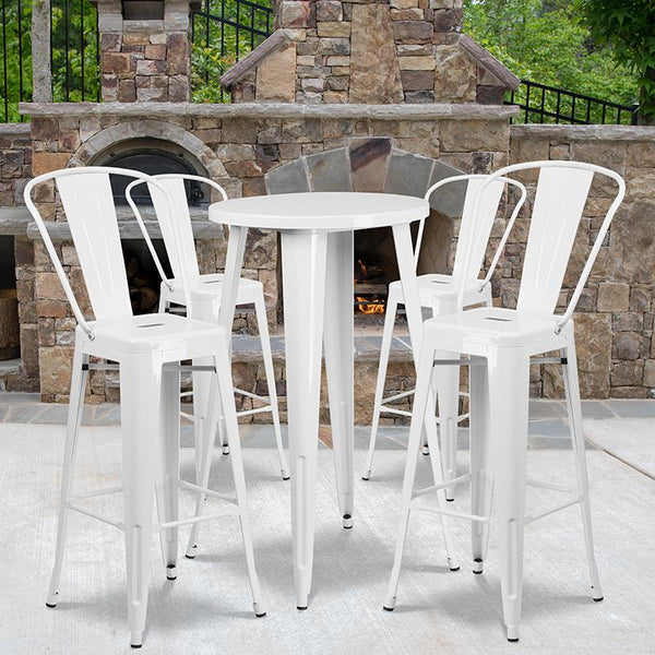 Flash Furniture 24'' Round White Metal Indoor-Outdoor Bar Table Set with 4 Cafe Stools - CH-51080BH-4-30CAFE-WH-GG