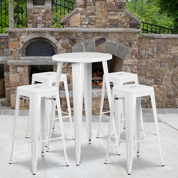 Flash Furniture 24'' Round White Metal Indoor-Outdoor Bar Table Set with 4 Square Seat Backless Stools - CH-51080BH-4-30SQST-WH-GG