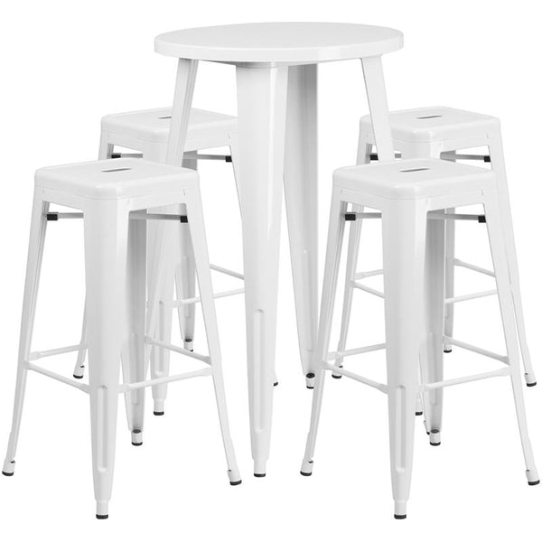 Flash Furniture 24'' Round White Metal Indoor-Outdoor Bar Table Set with 4 Square Seat Backless Stools - CH-51080BH-4-30SQST-WH-GG