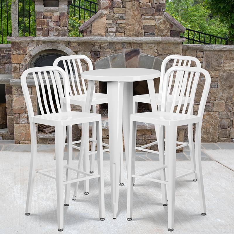 Flash Furniture 24'' Round White Metal Indoor-Outdoor Bar Table Set with 4 Vertical Slat Back Stools - CH-51080BH-4-30VRT-WH-GG