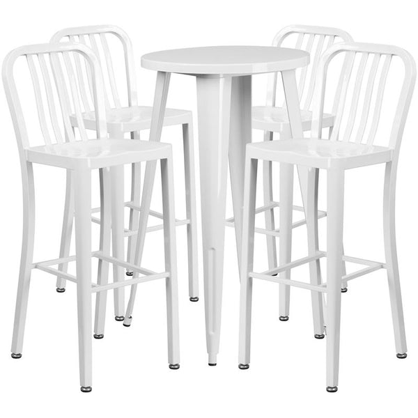 Flash Furniture 24'' Round White Metal Indoor-Outdoor Bar Table Set with 4 Vertical Slat Back Stools - CH-51080BH-4-30VRT-WH-GG