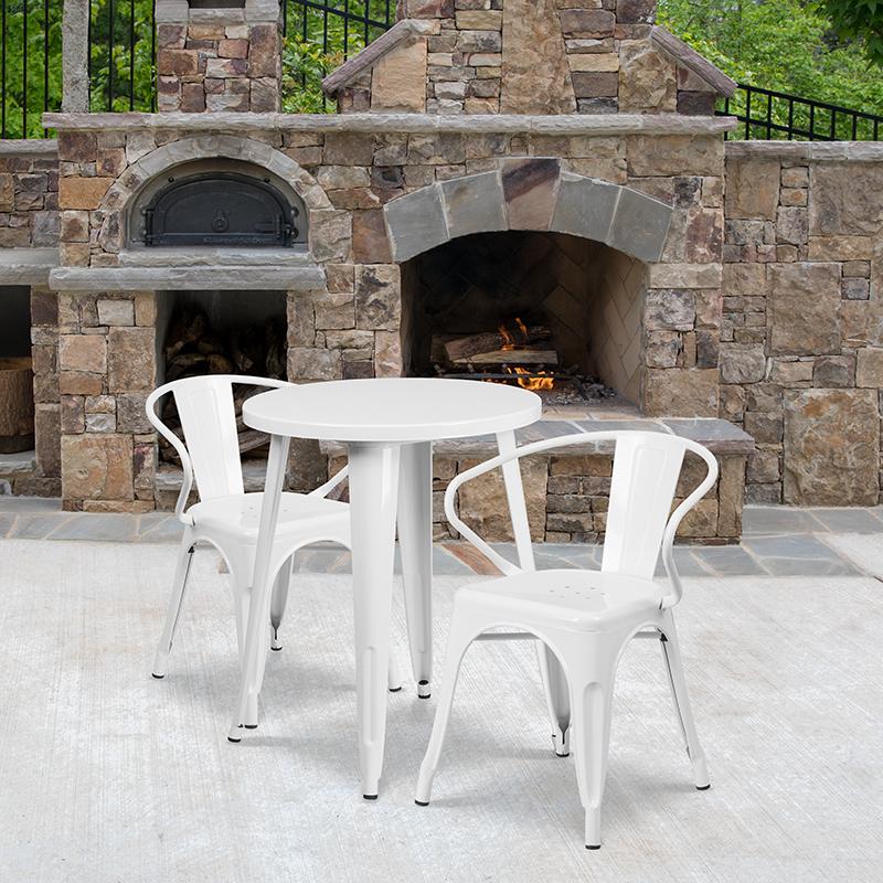 Flash Furniture 24'' Round White Metal Indoor-Outdoor Table Set with 2 Arm Chairs - CH-51080TH-2-18ARM-WH-GG