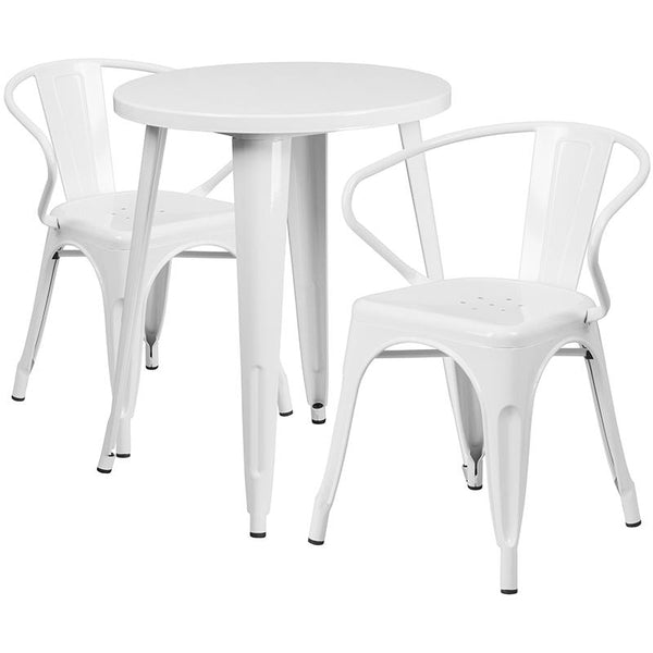 Flash Furniture 24'' Round White Metal Indoor-Outdoor Table Set with 2 Arm Chairs - CH-51080TH-2-18ARM-WH-GG