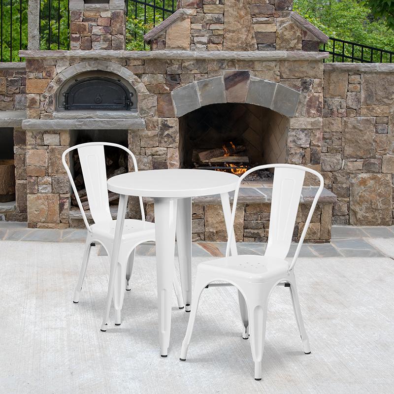 Flash Furniture 24'' Round White Metal Indoor-Outdoor Table Set with 2 Cafe Chairs - CH-51080TH-2-18CAFE-WH-GG