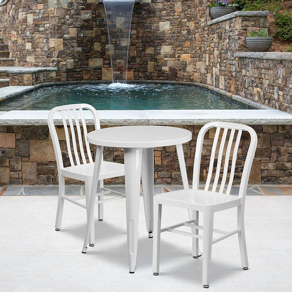 Flash Furniture 24'' Round White Metal Indoor-Outdoor Table Set with 2 Vertical Slat Back Chairs - CH-51080TH-2-18VRT-WH-GG