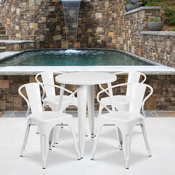 Flash Furniture 24'' Round White Metal Indoor-Outdoor Table Set with 4 Arm Chairs - CH-51080TH-4-18ARM-WH-GG