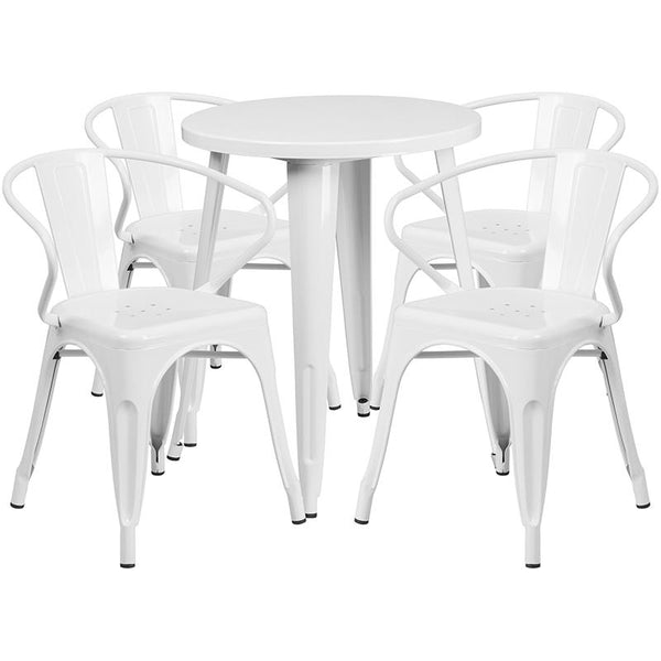 Flash Furniture 24'' Round White Metal Indoor-Outdoor Table Set with 4 Arm Chairs - CH-51080TH-4-18ARM-WH-GG