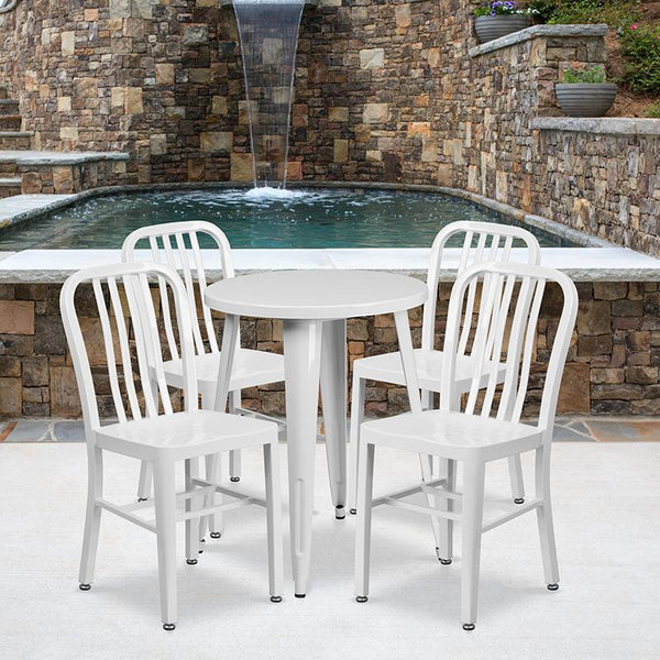 Flash Furniture 24'' Round White Metal Indoor-Outdoor Table Set with 4 Vertical Slat Back Chairs - CH-51080TH-4-18VRT-WH-GG