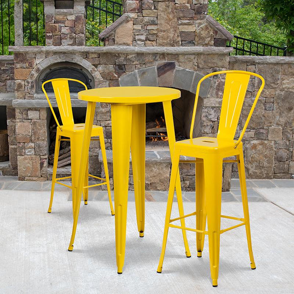 Flash Furniture 24'' Round Yellow Metal Indoor-Outdoor Bar Table Set with 2 Cafe Stools - CH-51080BH-2-30CAFE-YL-GG