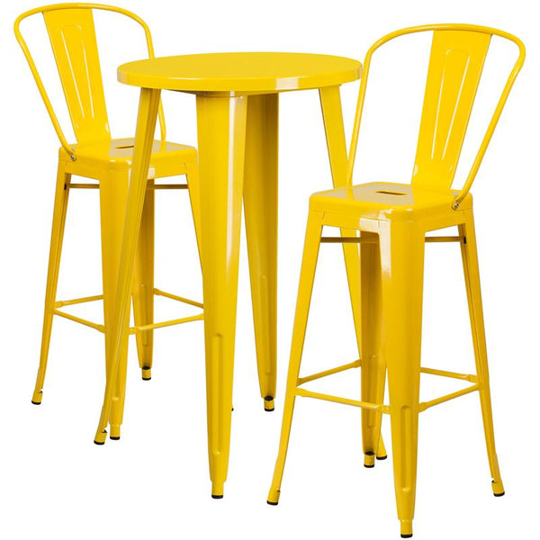 Flash Furniture 24'' Round Yellow Metal Indoor-Outdoor Bar Table Set with 2 Cafe Stools - CH-51080BH-2-30CAFE-YL-GG