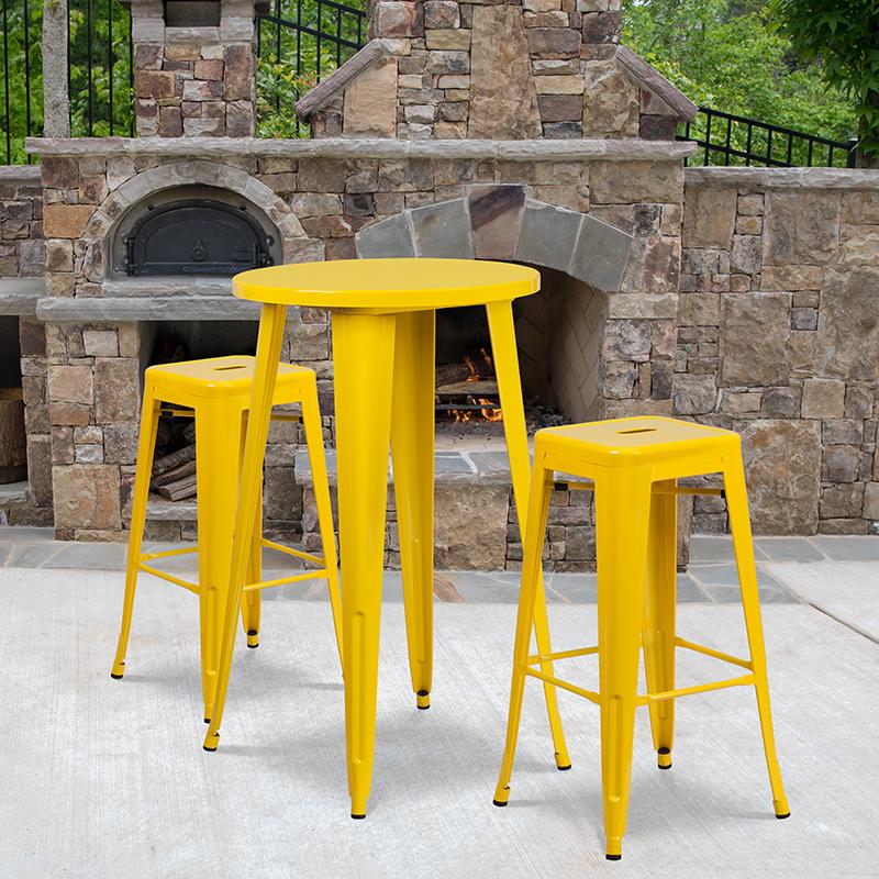 Flash Furniture 24'' Round Yellow Metal Indoor-Outdoor Bar Table Set with 2 Square Seat Backless Stools - CH-51080BH-2-30SQST-YL-GG