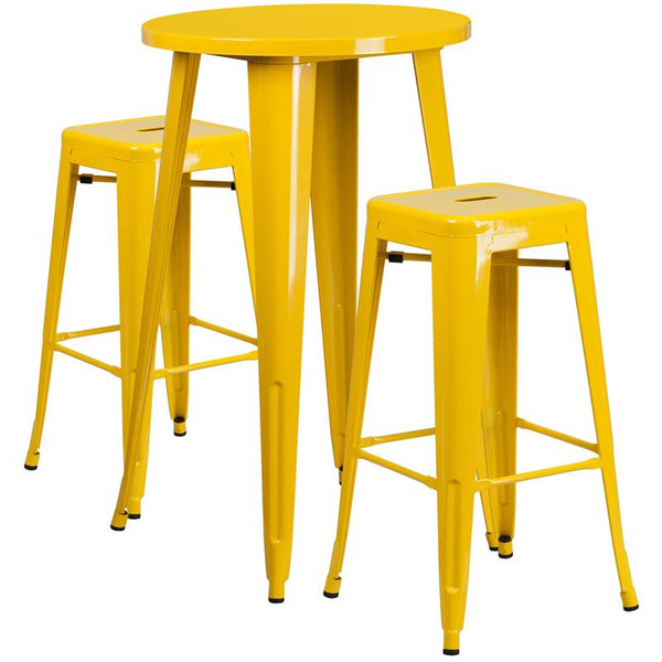 Flash Furniture 24'' Round Yellow Metal Indoor-Outdoor Bar Table Set with 2 Square Seat Backless Stools - CH-51080BH-2-30SQST-YL-GG