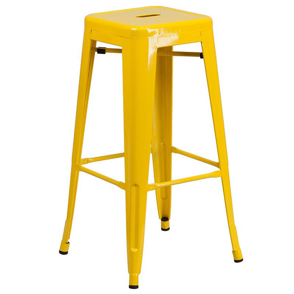 Flash Furniture 24'' Round Yellow Metal Indoor-Outdoor Bar Table Set with 2 Square Seat Backless Stools - CH-51080BH-2-30SQST-YL-GG