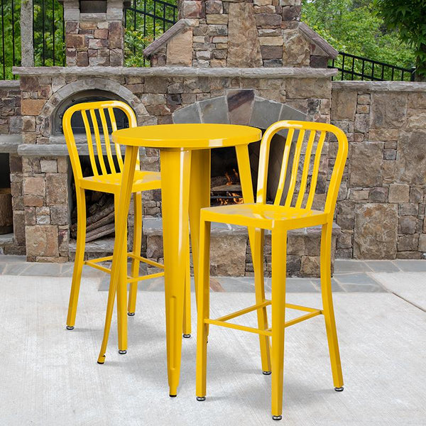 Flash Furniture 24'' Round Yellow Metal Indoor-Outdoor Bar Table Set with 2 Vertical Slat Back Stools - CH-51080BH-2-30VRT-YL-GG