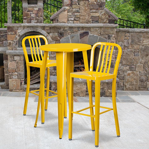 Flash Furniture 24'' Round Yellow Metal Indoor-Outdoor Bar Table Set with 2 Vertical Slat Back Stools - CH-51080BH-2-30VRT-YL-GG