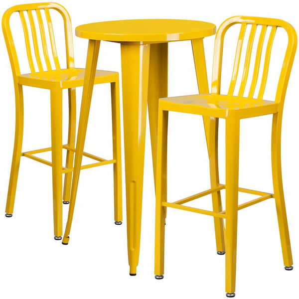 Flash Furniture 24'' Round Yellow Metal Indoor-Outdoor Bar Table Set with 2 Vertical Slat Back Stools - CH-51080BH-2-30VRT-YL-GG