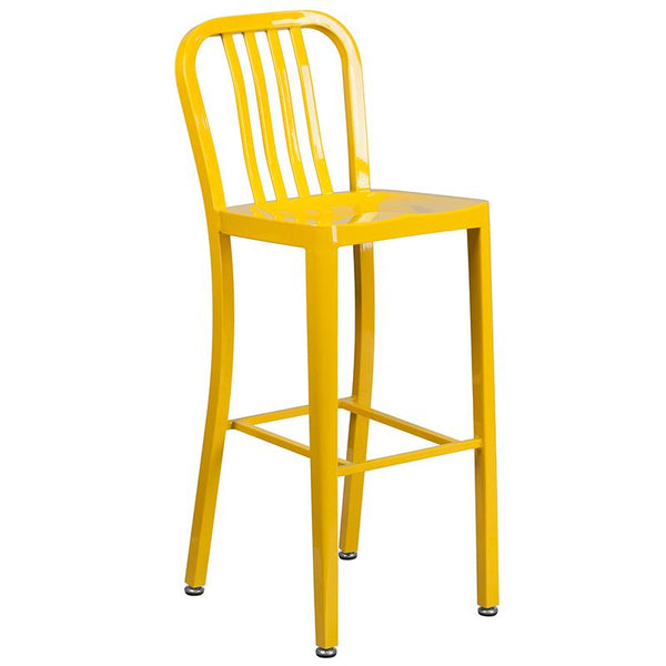 Flash Furniture 24'' Round Yellow Metal Indoor-Outdoor Bar Table Set with 2 Vertical Slat Back Stools - CH-51080BH-2-30VRT-YL-GG