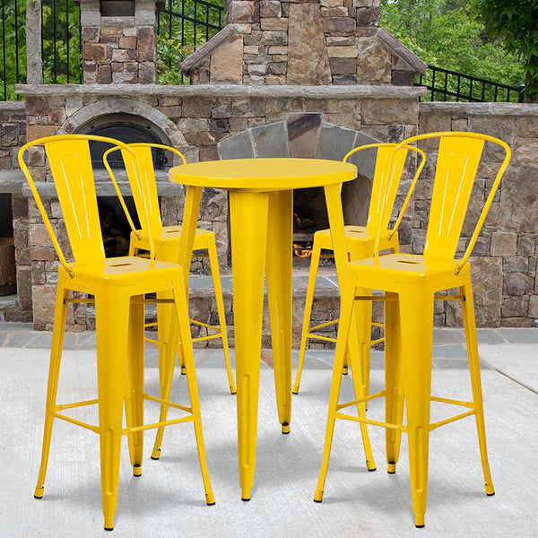 Flash Furniture 24'' Round Yellow Metal Indoor-Outdoor Bar Table Set with 4 Cafe Stools - CH-51080BH-4-30CAFE-YL-GG