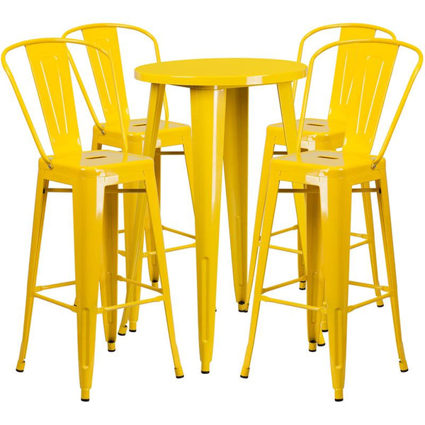 Flash Furniture 24'' Round Yellow Metal Indoor-Outdoor Bar Table Set with 4 Cafe Stools - CH-51080BH-4-30CAFE-YL-GG