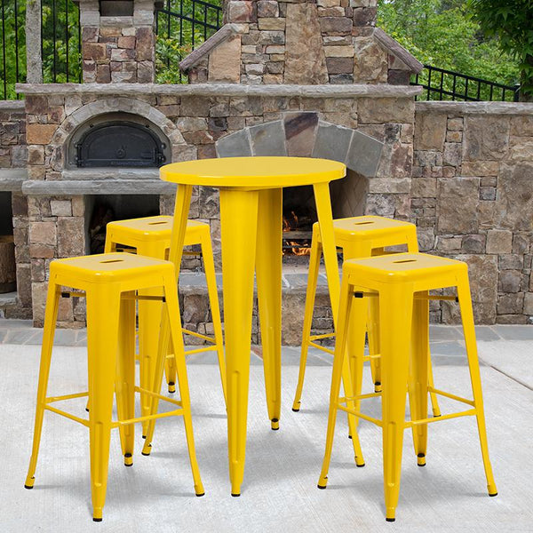 Flash Furniture 24'' Round Yellow Metal Indoor-Outdoor Bar Table Set with 4 Square Seat Backless Stools - CH-51080BH-4-30SQST-YL-GG