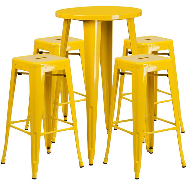 Flash Furniture 24'' Round Yellow Metal Indoor-Outdoor Bar Table Set with 4 Square Seat Backless Stools - CH-51080BH-4-30SQST-YL-GG