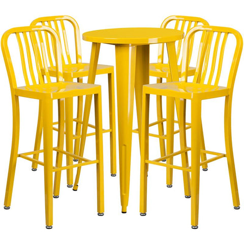 Flash Furniture 24'' Round Yellow Metal Indoor-Outdoor Bar Table Set with 4 Vertical Slat Back Stools - CH-51080BH-4-30VRT-YL-GG