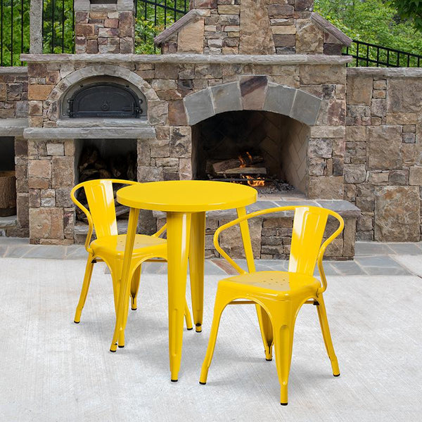 Flash Furniture 24'' Round Yellow Metal Indoor-Outdoor Table Set with 2 Arm Chairs - CH-51080TH-2-18ARM-YL-GG