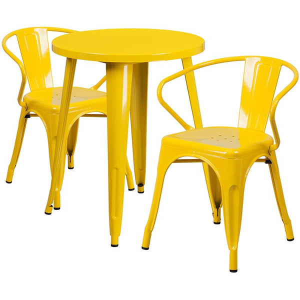 Flash Furniture 24'' Round Yellow Metal Indoor-Outdoor Table Set with 2 Arm Chairs - CH-51080TH-2-18ARM-YL-GG