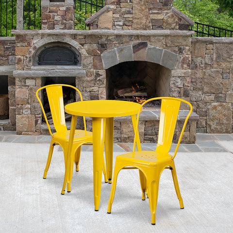 Flash Furniture 24'' Round Yellow Metal Indoor-Outdoor Table Set with 2 Cafe Chairs - CH-51080TH-2-18CAFE-YL-GG