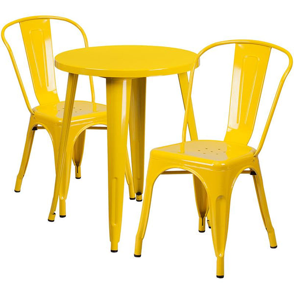 Flash Furniture 24'' Round Yellow Metal Indoor-Outdoor Table Set with 2 Cafe Chairs - CH-51080TH-2-18CAFE-YL-GG