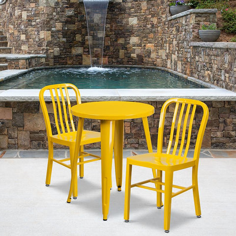 Flash Furniture 24'' Round Yellow Metal Indoor-Outdoor Table Set with 2 Vertical Slat Back Chairs - CH-51080TH-2-18VRT-YL-GG