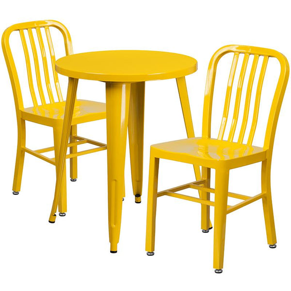 Flash Furniture 24'' Round Yellow Metal Indoor-Outdoor Table Set with 2 Vertical Slat Back Chairs - CH-51080TH-2-18VRT-YL-GG