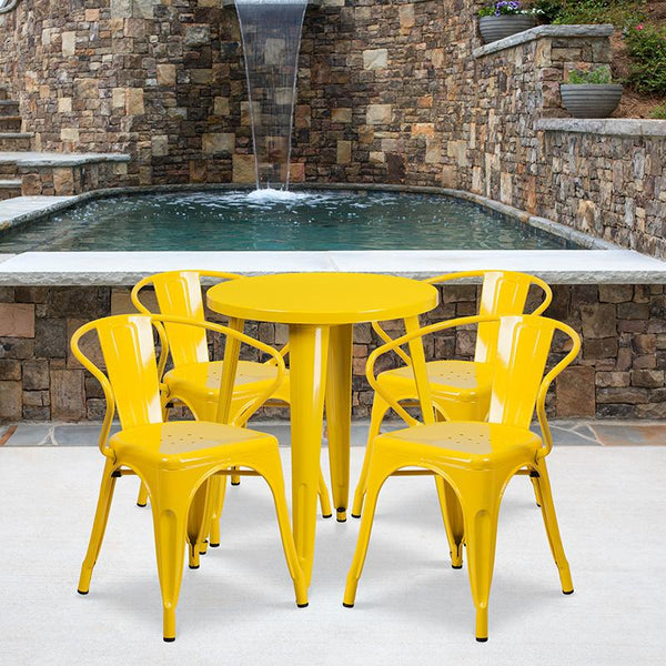 Flash Furniture 24'' Round Yellow Metal Indoor-Outdoor Table Set with 4 Arm Chairs - CH-51080TH-4-18ARM-YL-GG