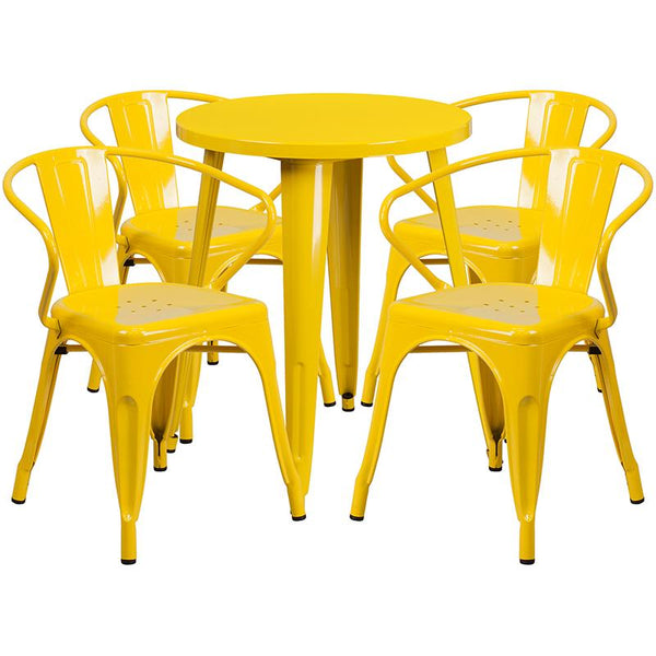 Flash Furniture 24'' Round Yellow Metal Indoor-Outdoor Table Set with 4 Arm Chairs - CH-51080TH-4-18ARM-YL-GG