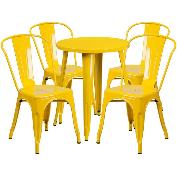 Flash Furniture 24'' Round Yellow Metal Indoor-Outdoor Table Set with 4 Cafe Chairs - CH-51080TH-4-18CAFE-YL-GG