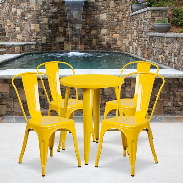 Flash Furniture 24'' Round Yellow Metal Indoor-Outdoor Table Set with 4 Cafe Chairs - CH-51080TH-4-18CAFE-YL-GG