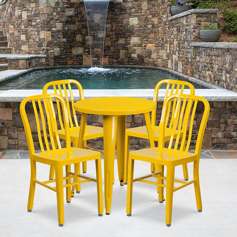 Flash Furniture 24'' Round Yellow Metal Indoor-Outdoor Table Set with 4 Vertical Slat Back Chairs - CH-51080TH-4-18VRT-YL-GG