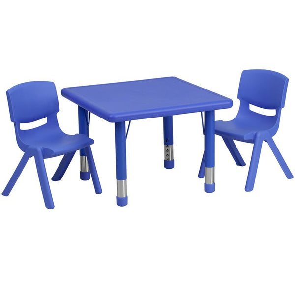 Flash Furniture 24'' Square Blue Plastic Height Adjustable Activity Table Set with 2 Chairs - YU-YCX-0023-2-SQR-TBL-BLUE-R-GG