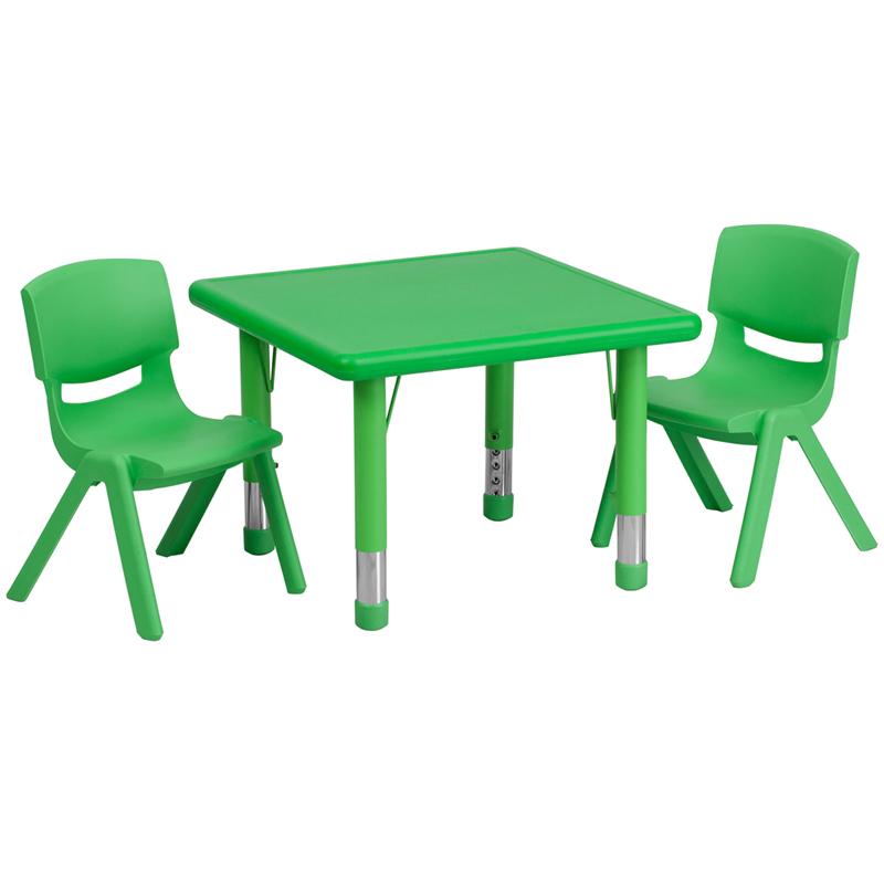 Flash Furniture 24'' Square Green Plastic Height Adjustable Activity Table Set with 2 Chairs - YU-YCX-0023-2-SQR-TBL-GREEN-R-GG