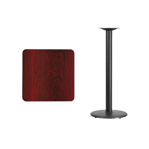 Flash Furniture 24'' Square Mahogany Laminate Table Top with 18'' Round Bar Height Table Base - XU-MAHTB-2424-TR18B-GG